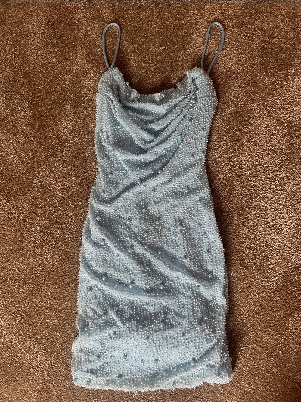 Oh Polly Baby Blue Pearl-Embellished Cowl Mini Dress